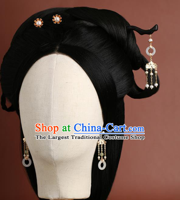 Chinese Classical Palace Golden Lotus Tassel Hair Sticks Handmade Hanfu Hair Accessories Ancient Ming Dynasty Princess Jade Ebony Hairpins