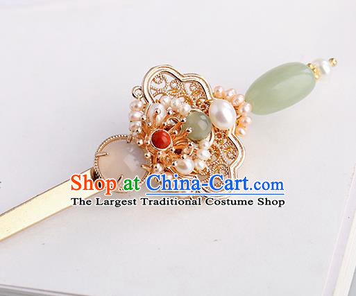 Chinese Classical Palace Jade Pearls Hair Sticks Handmade Hanfu Hair Accessories Ancient Ming Dynasty Princess Golden Hairpins