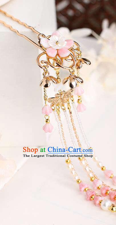 Chinese Classical Palace Pink Flower Tassel Hair Stick Handmade Hanfu Hair Accessories Ancient Ming Dynasty Princess Golden Hairpins
