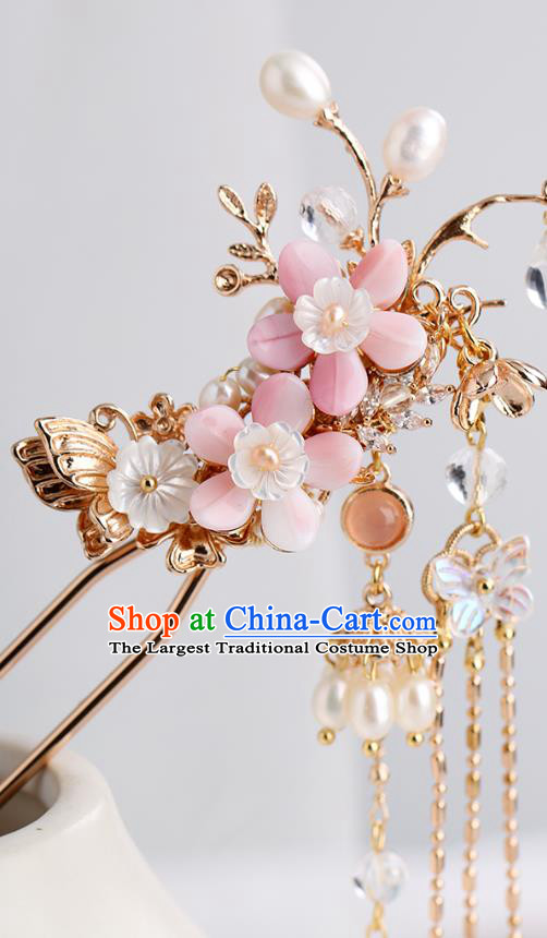 Chinese Classical Palace Pink Plum Tassel Hair Stick Handmade Hanfu Hair Accessories Ancient Ming Dynasty Princess Golden Hairpins