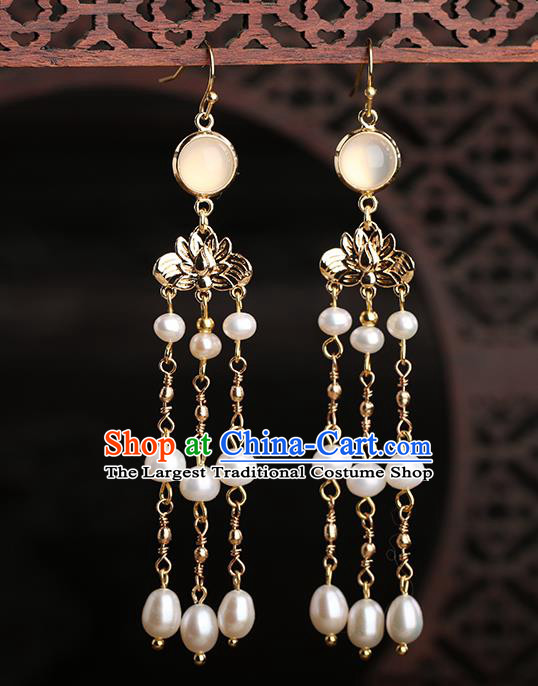 Chinese Handmade Tassel Pearls Earrings Classical Ear Accessories Hanfu Ming Dynasty Empress Golden Lotus Eardrop