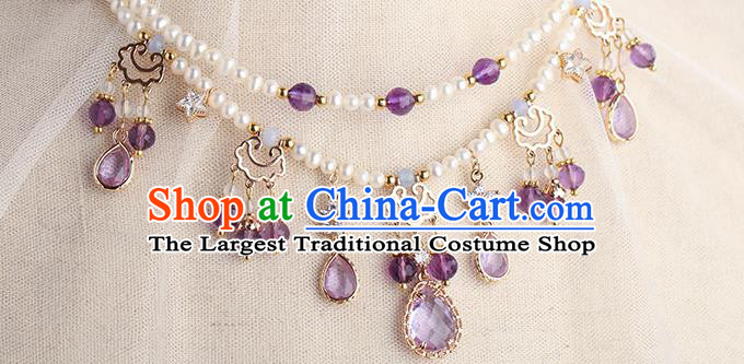 Chinese Handmade Purple Crystal Necklet Classical Jewelry Accessories Ancient Ming Dynasty Princess Hanfu Pearls Necklace for Women