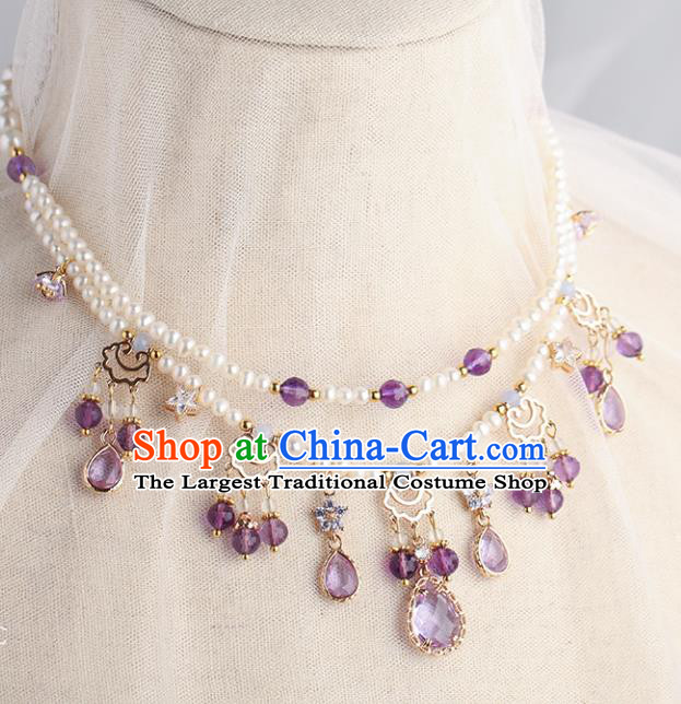Chinese Handmade Purple Crystal Necklet Classical Jewelry Accessories Ancient Ming Dynasty Princess Hanfu Pearls Necklace for Women