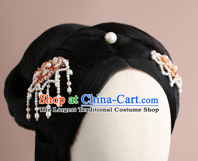 Chinese Classical Palace Long Tassel Pearls Hair Sticks Handmade Hanfu Hair Accessories Ancient Ming Dynasty Princess Shell Hairpins