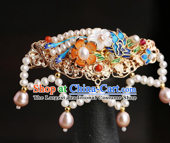 Chinese Classical Palace Blueing Hair Sticks Handmade Hanfu Hair Accessories Ancient Ming Dynasty Princess Shell Pearls Hairpins