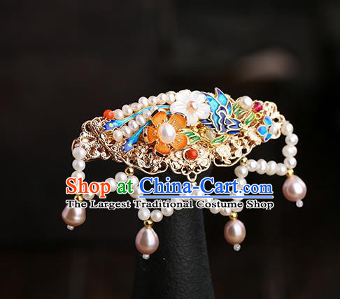 Chinese Classical Palace Blueing Hair Sticks Handmade Hanfu Hair Accessories Ancient Ming Dynasty Princess Shell Pearls Hairpins