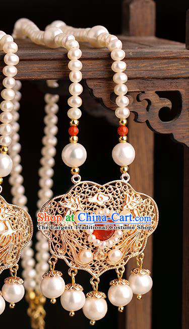 Chinese Handmade Golden Garnet Necklet Classical Jewelry Accessories Ancient Ming Dynasty Princess Hanfu Pearls Necklace for Women