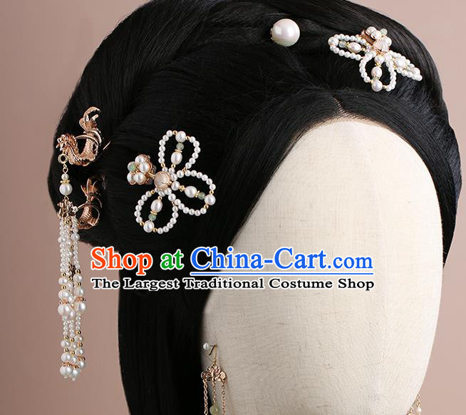 Chinese Classical Palace Phoenix Hair Sticks Handmade Hanfu Hair Accessories Ancient Ming Dynasty Princess Pearls Tassel Golden Hairpins