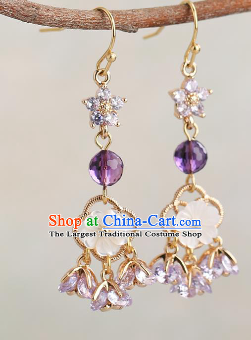 Chinese Handmade Purple Crystal Earrings Classical Ear Accessories Hanfu Ming Dynasty Princess Eardrop