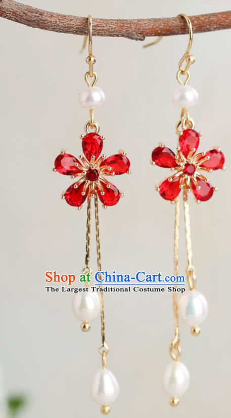 Chinese Handmade Red Crystal Earrings Classical Ear Accessories Hanfu Ming Dynasty Princess Plum Eardrop