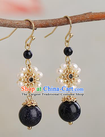 Chinese Handmade Blue Stone Earrings Classical Ear Accessories Hanfu Ming Dynasty Princess Pearls Eardrop