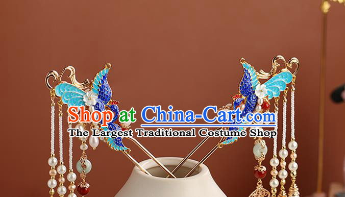 Chinese Classical Palace Blueing Phoenix Hair Sticks Handmade Hanfu Hair Accessories Ancient Ming Dynasty Princess Pearls Tassel Hairpins