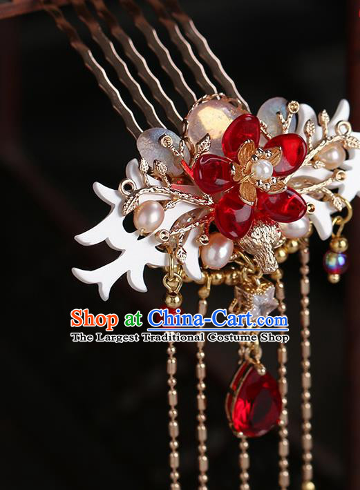 Chinese Classical Palace Shell Hair Comb Handmade Hanfu Hair Accessories Ancient Ming Dynasty Princess Red Crystal Tassel Hairpins