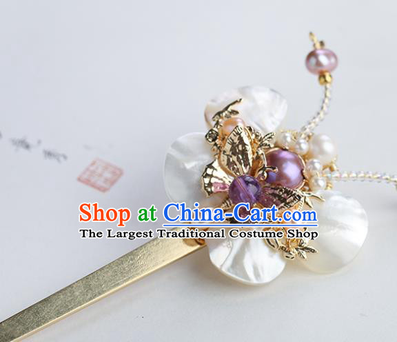 Chinese Classical Palace Hair Sticks Handmade Hanfu Hair Accessories Ancient Ming Dynasty Princess Shell Butterfly Pearls Hairpins