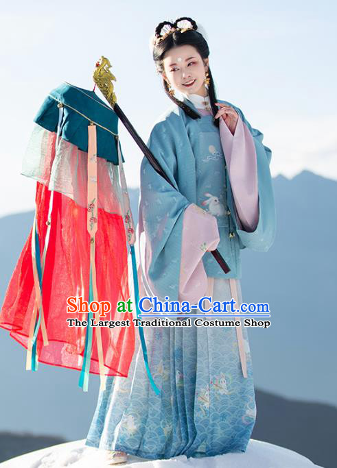 Chinese Ancient Patrician Lady Historical Costumes Traditional Ming Dynasty Hanfu Apparels Embroidered Blue Blouse and Skirt Complete Set
