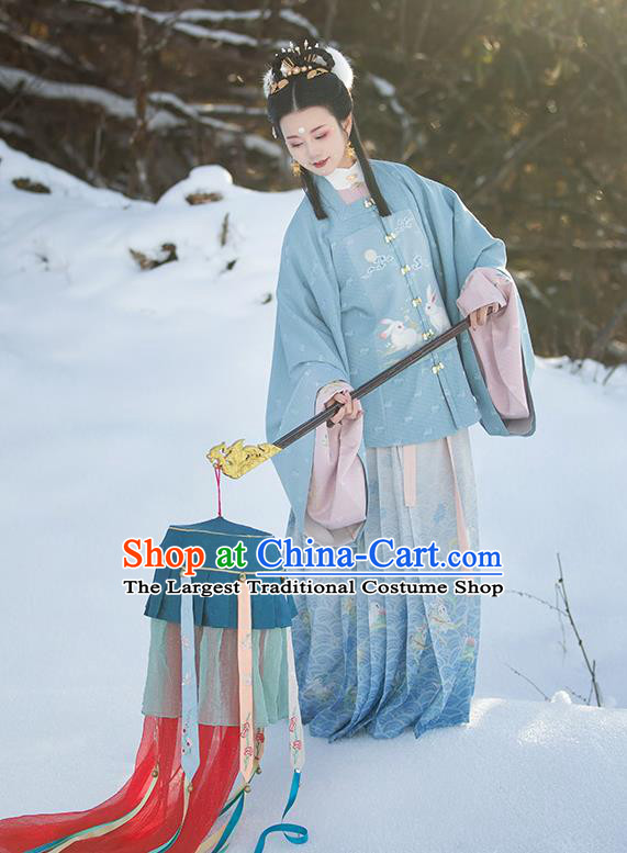 Chinese Ancient Patrician Lady Historical Costumes Traditional Ming Dynasty Hanfu Apparels Embroidered Blue Blouse and Skirt Complete Set
