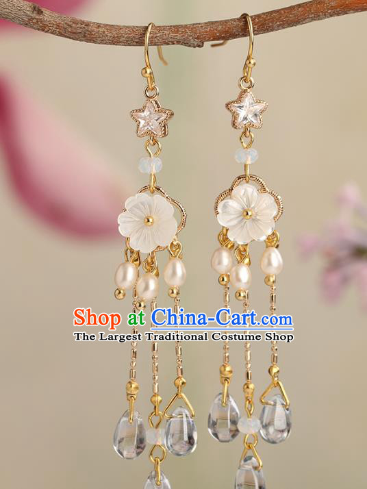 Chinese Handmade Shell Pearls Earrings Classical Ear Accessories Hanfu Ming Dynasty Princess Blue Crystal Eardrop