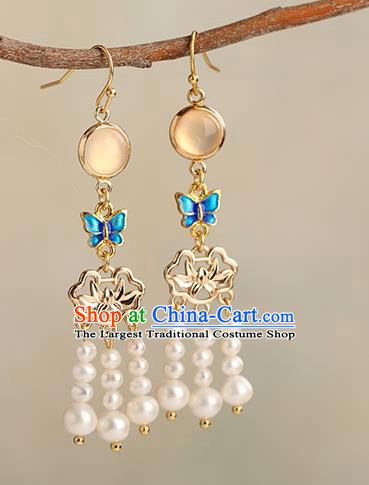 Chinese Handmade Blueing Butterfly Earrings Classical Ear Accessories Hanfu Ming Dynasty Princess Golden Lotus Eardrop