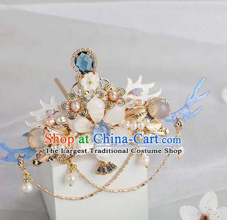 Chinese Classical Palace Blue Hair Crown Handmade Hanfu Hair Accessories Ancient Ming Dynasty Princess Crystal Hairpins