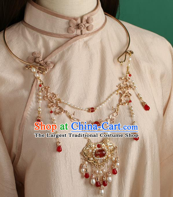 Chinese Handmade Pearls Tassel Necklet Classical Jewelry Accessories Ancient Ming Dynasty Princess Hanfu Agate Golden Necklace for Women