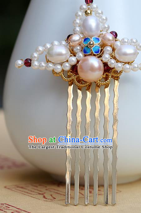 Chinese Classical Palace Pearls Hair Comb Handmade Hanfu Hair Accessories Ancient Ming Dynasty Princess Blueing Hairpins