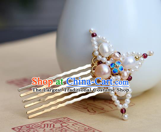 Chinese Classical Palace Pearls Hair Comb Handmade Hanfu Hair Accessories Ancient Ming Dynasty Princess Blueing Hairpins