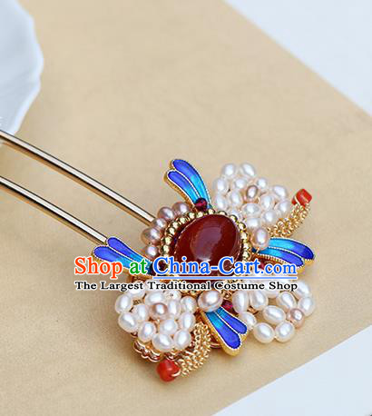 Chinese Classical Palace Blueing Hair Stick Handmade Hanfu Hair Accessories Ancient Ming Dynasty Princess Pearls Agate Hairpins