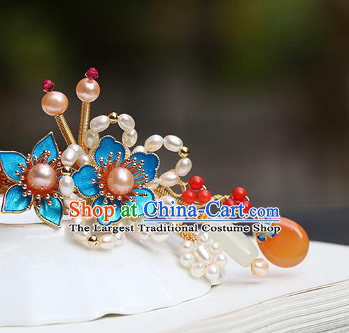 Chinese Classical Palace Blueing Plum Hair Stick Handmade Hanfu Hair Accessories Ancient Ming Dynasty Princess Pearls Ceregat Hairpins