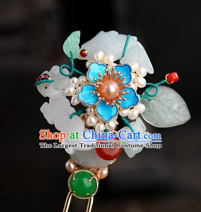 Chinese Classical Palace Jade Hair Stick Handmade Hanfu Hair Accessories Ancient Ming Dynasty Princess Blueing Plum Hairpins