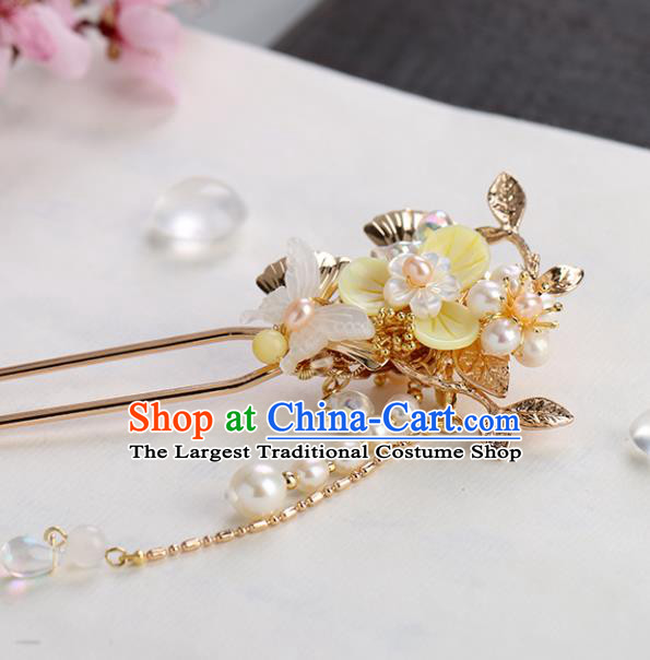 Chinese Classical Palace Pearls Tassel Hair Stick Handmade Hanfu Hair Accessories Ancient Ming Dynasty Princess Shell Butterfly Hairpins