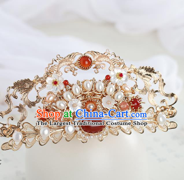 Chinese Classical Palace Pearls Hair Crown Handmade Hanfu Hair Accessories Ancient Tang Dynasty Princess Agate Golden Hairpins