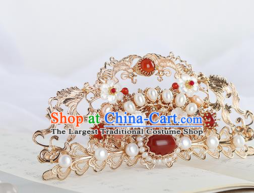 Chinese Classical Palace Pearls Hair Crown Handmade Hanfu Hair Accessories Ancient Tang Dynasty Princess Agate Golden Hairpins