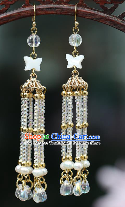 Chinese Handmade Beads Long Tassel Earrings Classical Ear Accessories Hanfu Ming Dynasty Princess Shell Butterfly Eardrop