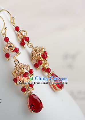 Chinese Handmade Red Beads Earrings Classical Ear Accessories Hanfu Ming Dynasty Princess Crystal Tassel Eardrop
