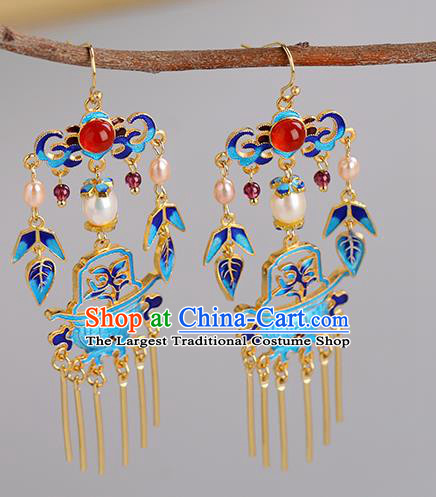 Chinese Handmade Blueing Orchid Earrings Classical Ear Accessories Hanfu Qing Dynasty Princess Pearls Agate Eardrop