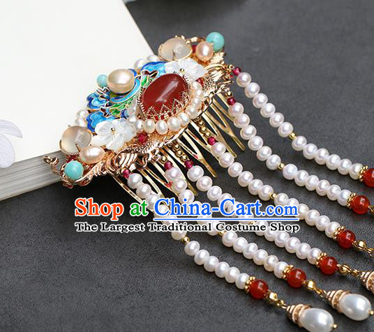 Chinese Classical Palace Blueing Peony Hair Comb Handmade Hanfu Hair Accessories Ancient Qing Dynasty Princess Tassel Hairpins
