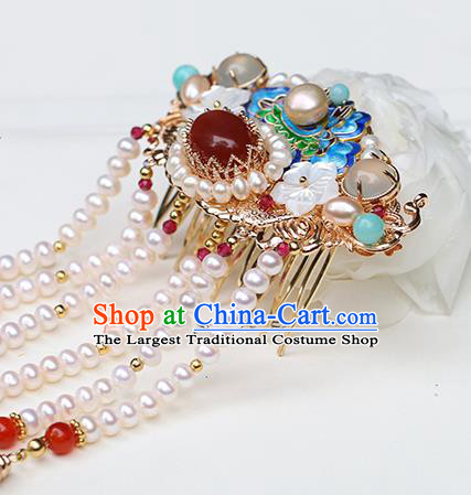 Chinese Classical Palace Blueing Peony Hair Comb Handmade Hanfu Hair Accessories Ancient Qing Dynasty Princess Tassel Hairpins