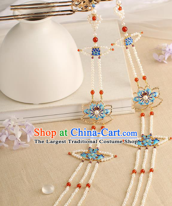 Chinese Classical Palace Phoenix Tassel Hair Stick Handmade Hanfu Hair Accessories Ancient Ming Dynasty Empress Blueing Lotus Hairpins