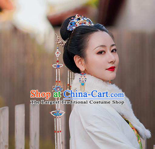 Chinese Classical Palace Phoenix Tassel Hair Stick Handmade Hanfu Hair Accessories Ancient Ming Dynasty Empress Blueing Lotus Hairpins