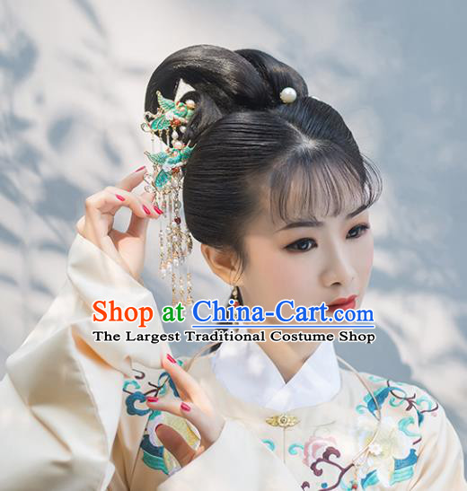 Chinese Classical Palace Blueing Crane Hair Stick Handmade Hanfu Hair Accessories Ancient Ming Dynasty Empress Pearls Tassel Hairpins