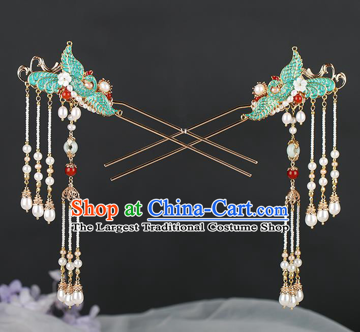 Chinese Classical Palace Blueing Crane Hair Stick Handmade Hanfu Hair Accessories Ancient Ming Dynasty Empress Pearls Tassel Hairpins