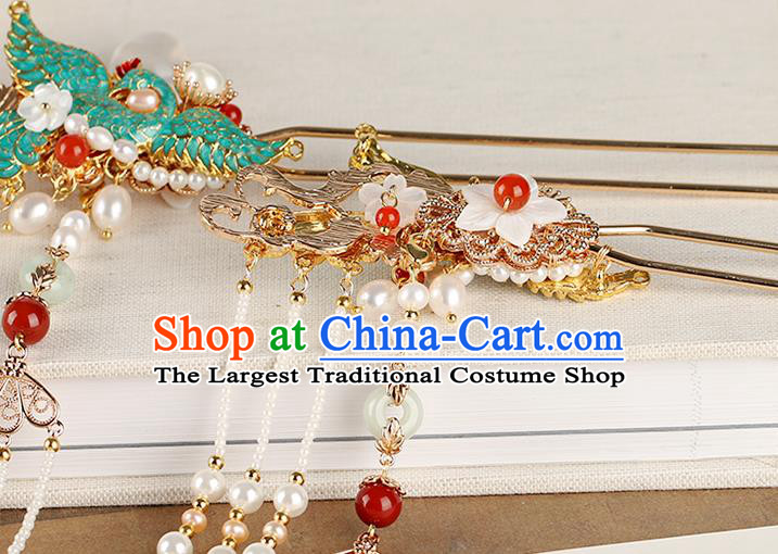 Chinese Classical Palace Pearls Hair Stick Handmade Hanfu Hair Accessories Ancient Ming Dynasty Empress Blueing Crane Hairpins