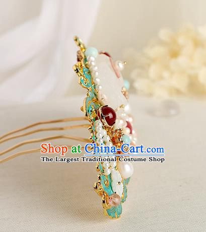 Chinese Classical Palace Pearls Jade Hair Comb Handmade Hanfu Hair Accessories Ancient Ming Dynasty Empress Blueing Hairpins