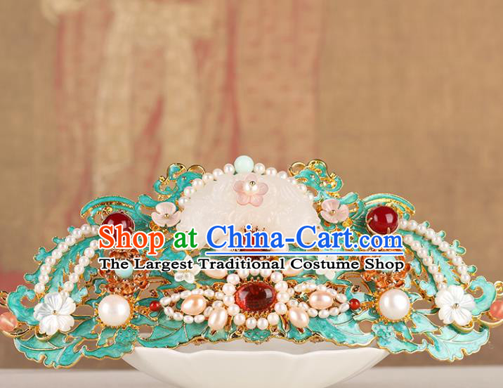 Chinese Classical Palace Pearls Jade Hair Comb Handmade Hanfu Hair Accessories Ancient Ming Dynasty Empress Blueing Hairpins