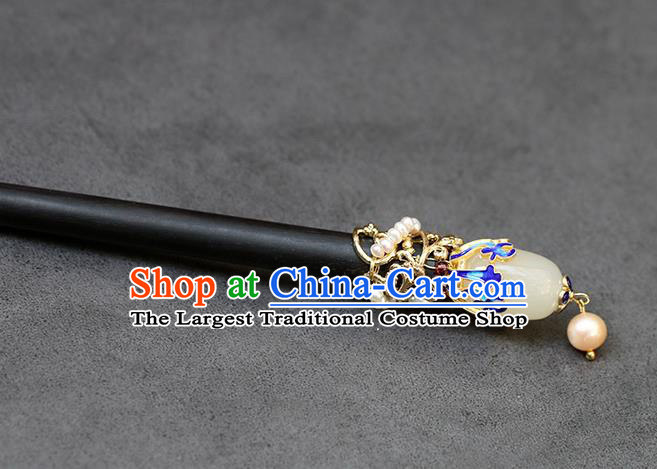 Chinese Classical Palace Jade Hair Stick Handmade Hanfu Hair Accessories Ancient Ming Dynasty Empress Ebony Hairpins