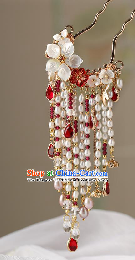 Chinese Classical Palace Pearls Tassel Hair Stick Handmade Hanfu Hair Accessories Ancient Ming Dynasty Empress Shell Plum Hairpins