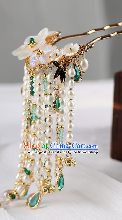 Chinese Classical Palace Green Crystal Pearls Tassel Hair Stick Handmade Hanfu Hair Accessories Ancient Ming Dynasty Empress Hairpins