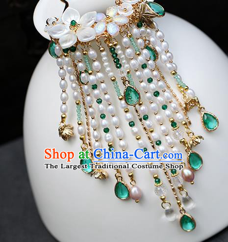 Chinese Classical Palace Green Crystal Pearls Tassel Hair Stick Handmade Hanfu Hair Accessories Ancient Ming Dynasty Empress Hairpins