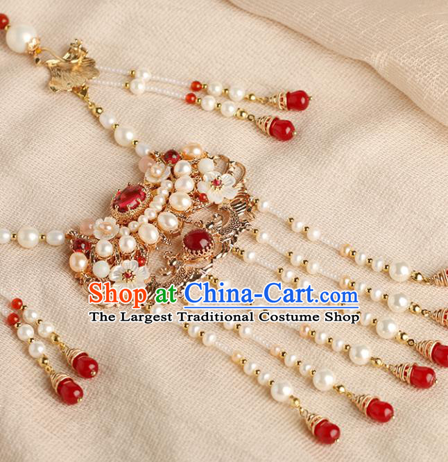 Chinese Handmade Red Agate Tassel Necklet Classical Jewelry Accessories Ancient Ming Dynasty Princess Hanfu Pearls Necklace for Women