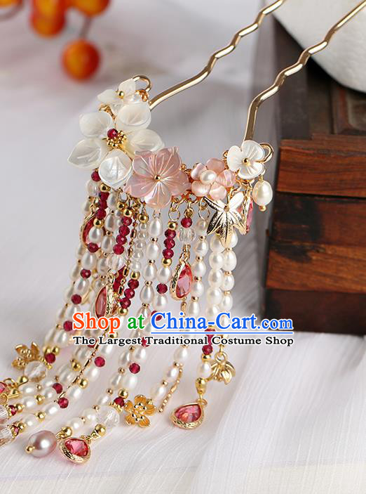 Chinese Classical Palace Pink Crystal Pearls Tassel Hair Stick Handmade Hanfu Hair Accessories Ancient Ming Dynasty Empress Hairpins